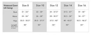 Waistcoat Gown Sizing Chart